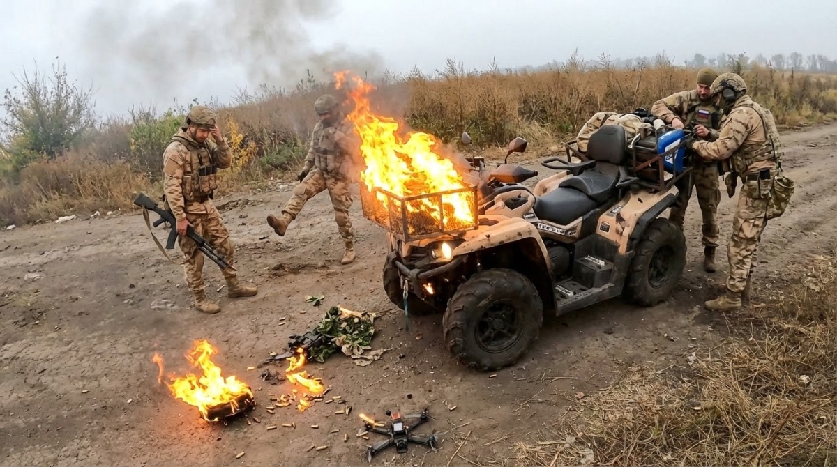 Video: Ruská jednotka na čtyřkolce spustila palbu na FPV dron. Nestačilo to