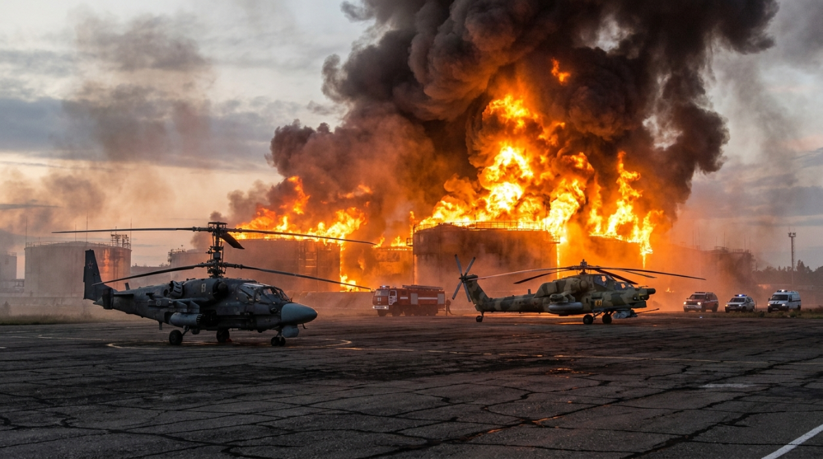 Ka-52, Mi-28 a palivové nádrže v plamenech. Ukrajinský útok zasáhl Soči