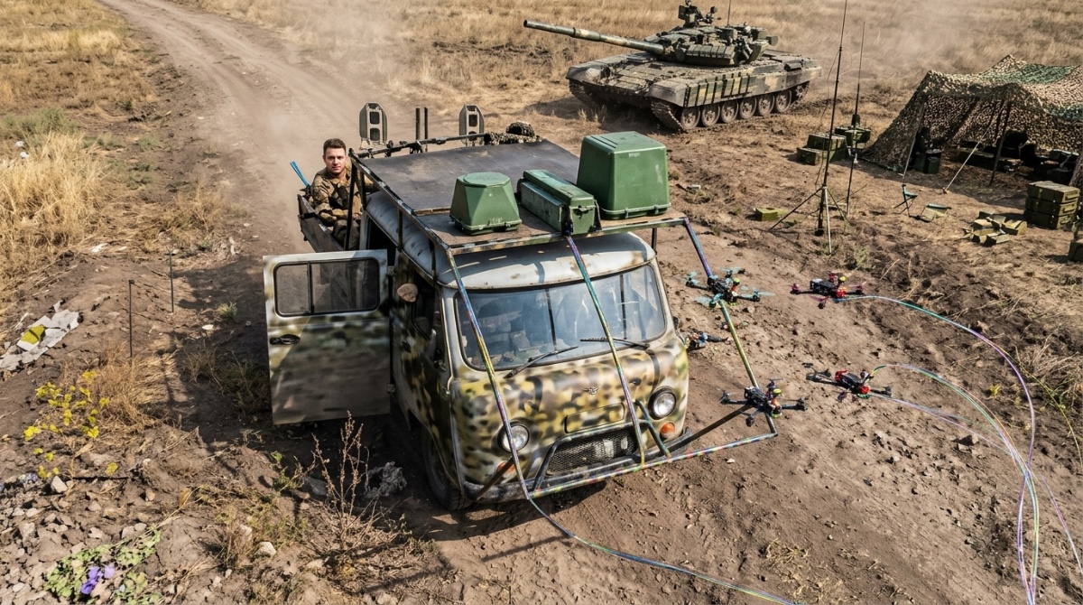 Video: Ukrajinské FPV drony na optickém vlákně zasáhly ruskou pěchotu, techniku i tank