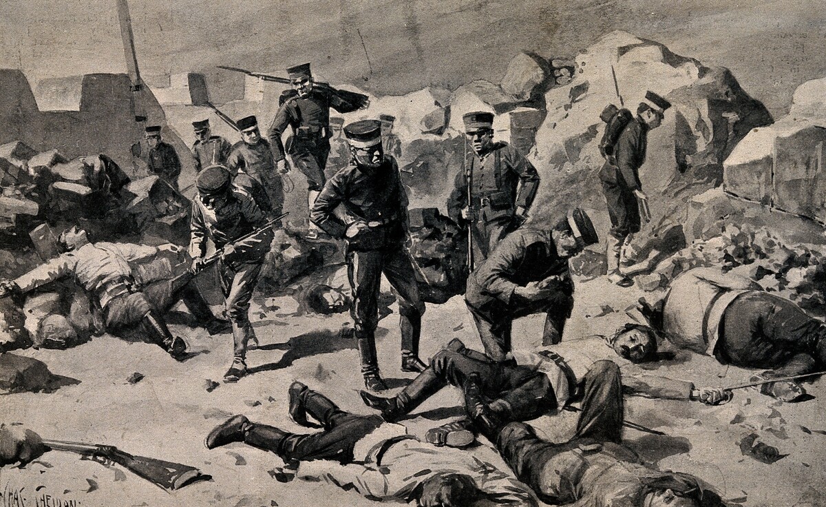 Russo-Japanese_War;_Japanese_soldiers_entering_a_bombed_fort_Wellcome_V0015668