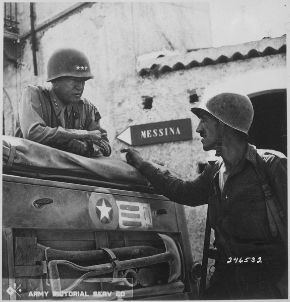 Lieutenant_Colonel_Lyle_Bernard_and_Lieutenant_General_George_S._Patton_near_Brolo,_1943_28-1162M_original